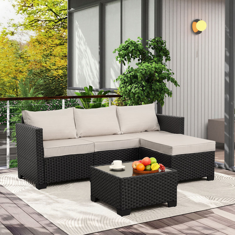 Ensemble de mobilier de jardin en résine tressée, canapé d'angle 3 pièces avec pouf et table basse en verre, coussins antidérapants résistants aux intempéries, housses protectrices, beige