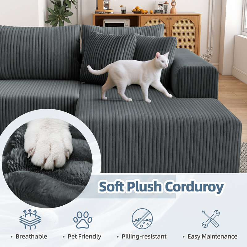 Boneless 132'' Modular Boneless Couches For Living Room, Corduroy Deep Seat Sofa With 2 Chaise Lounges And 1 Loveseat, Gray