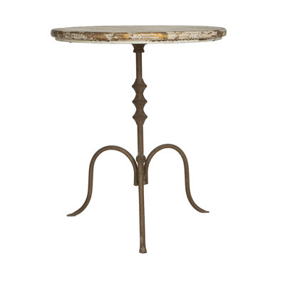 23.5x23.5x27.5" Round Side Table With Distressed White Top, Subtle Gold Accents, And Bronze Iron Base