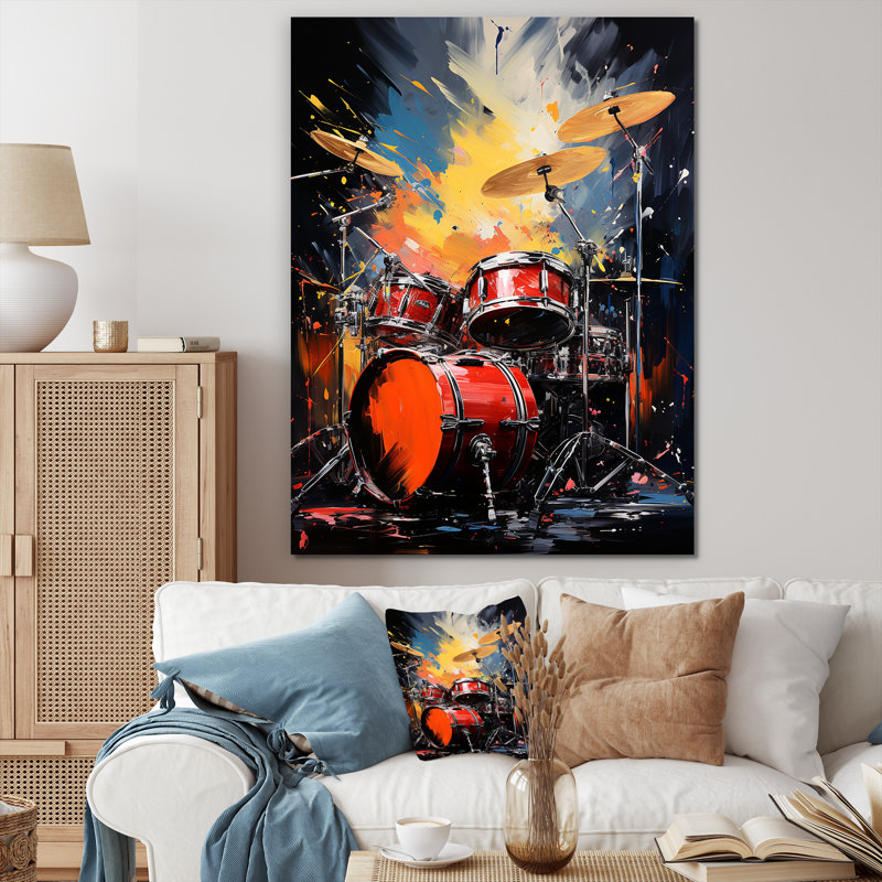 Popart Music Drums - Décoration murale musique, Toile tendue, H 32 po x l 16 po x P 1 po