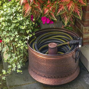 BIRDROCK HOME Decorative Water Hose Holder Pot with Lid | Holds 200ft Hose  | Distressed Bronze Exterior | Ground Garden Hose Box | Handle | Embossed 