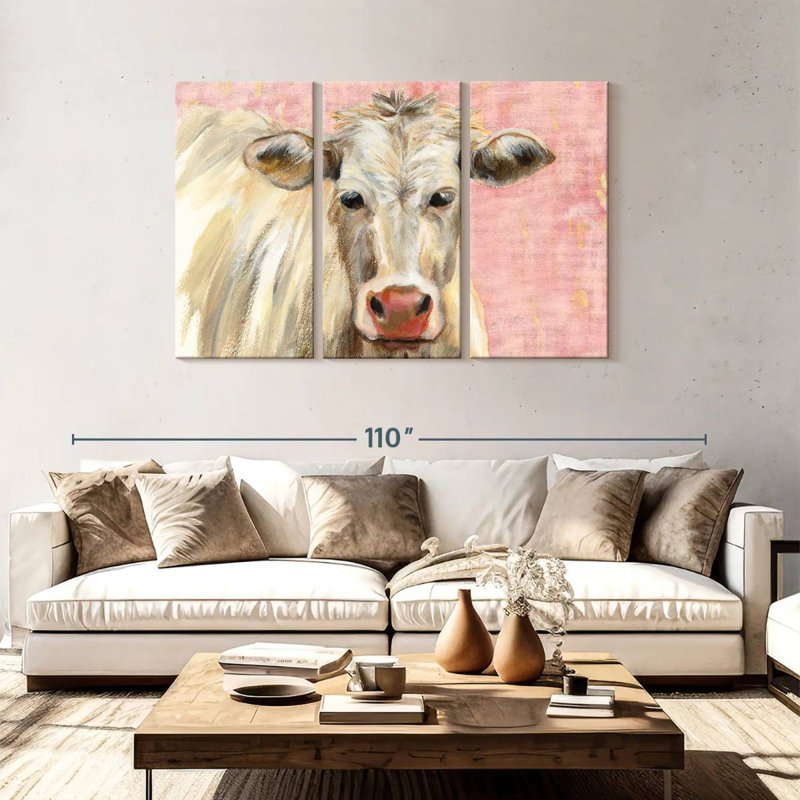 Vache blanche Brampt sur fond rose, H 48 po x l 74 po