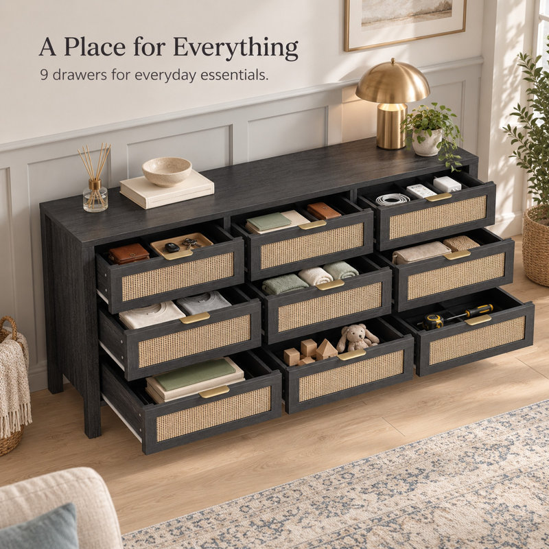 57.8" W 9-Drawer Dresser for Bedroom, Rattan Storage Dresser -Black, 57.8" W, Black