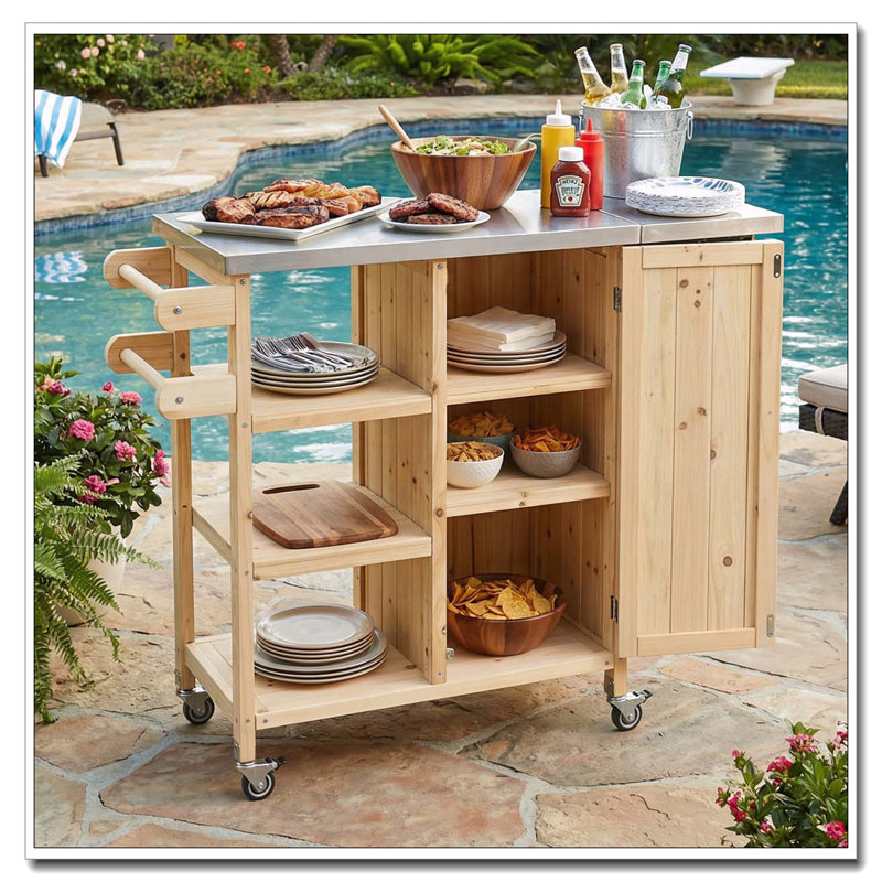 Foldable Outdoor Kitchen Island Patio Kitchen Island Outdoor Kitchen Cart Portable Prep Station with Lockable Wheels, Natural