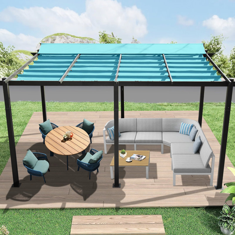 11 X 16 Ft Outdoor Pergola In Lake Blue Hue. Aluminum Frame. Canopy. Retractable For Sun Control. Easy Assembly Required. Versatile Courtyard, Lawn, Pool Areas - Blue. Adjustable Shade Option. To