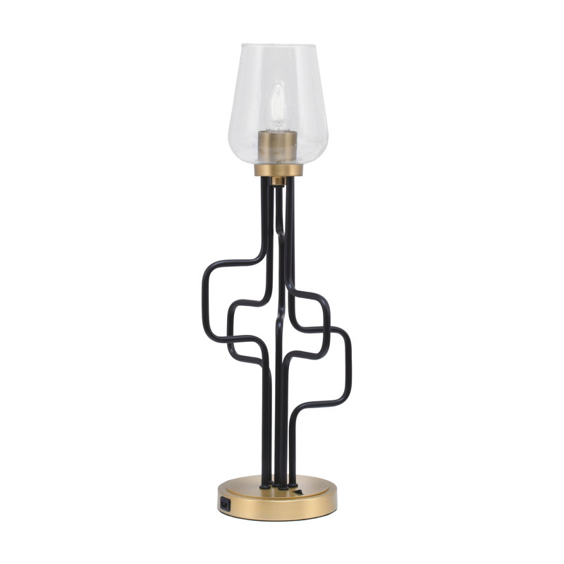 Lampe d'appoint Amarmula, avec ports USB, fini noir mat et laiton vieilli, verre bullé transparent de 5 po, Doré