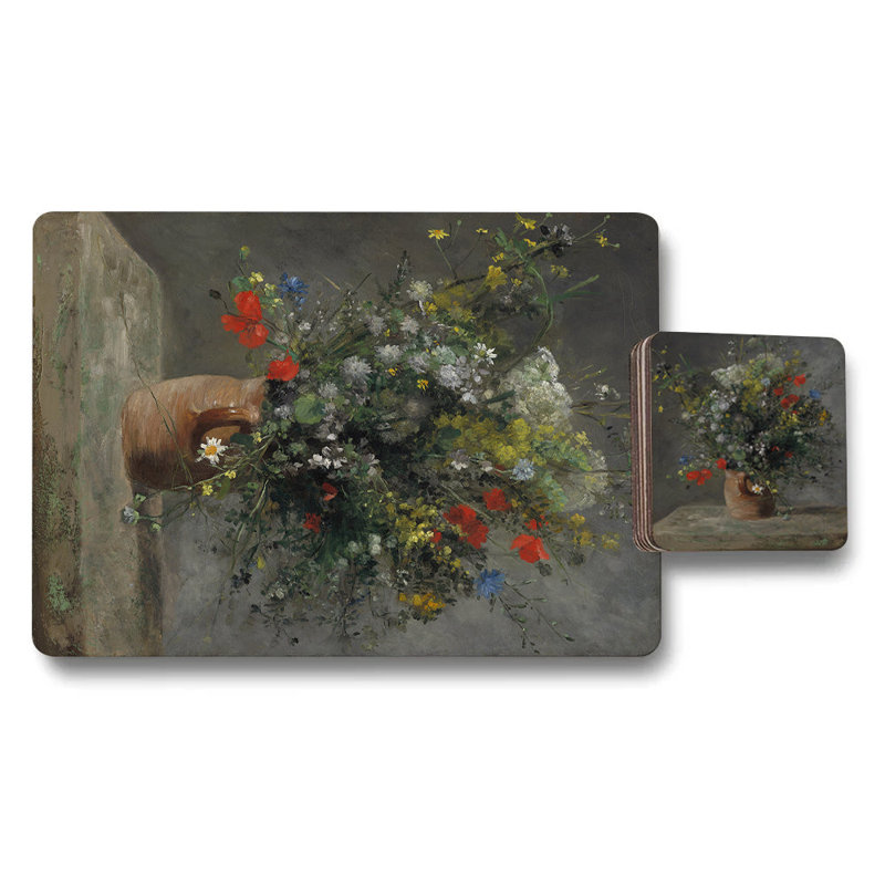 Designer Floral Artwork Wood Bottom Placemat And Coaster Set Exclusive 12 Piece 11 By 8 Placemats And 3.7 Coasters