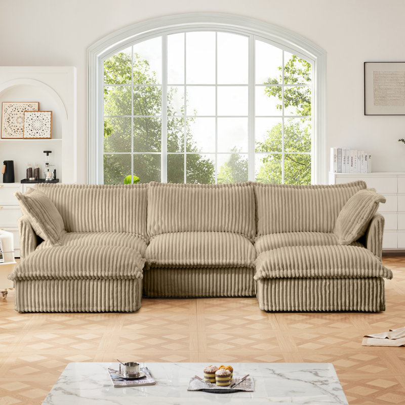 Slipcovered U-Shape 4 Seater Sectional Sofa With Reversible Ottoman, Deep Seat Cloud Couch, And French Edge Pillows, Camel Corduroy