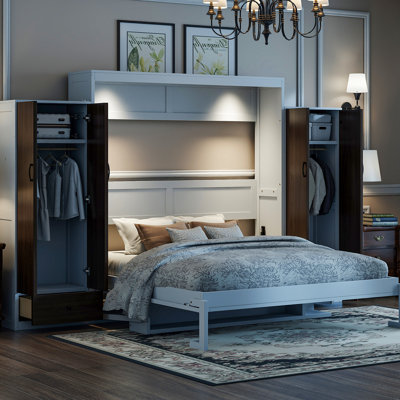 Bed Wall With Closet, Drawers, And Table - White, Space Saving, Foldable, Hydraulic Lifting System, Built In Drop Down Desk, Ample Storage, Led Night Lamp White A Fold Out Study For Easy