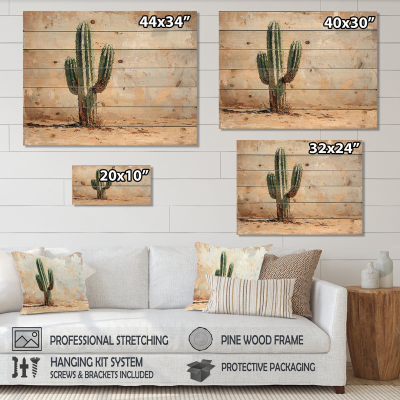 Cactus In The Desert II - Floral Cactus Wood Wall Art - On Natural Pine Wood, 10" H x 20" W x 0.78" D