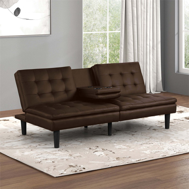 Canapé-lit futon contemporain avec capitonnage biscuit, table rabattable, porte-gobelets et chargeurs USB pour une assise et un sommeil flexibles