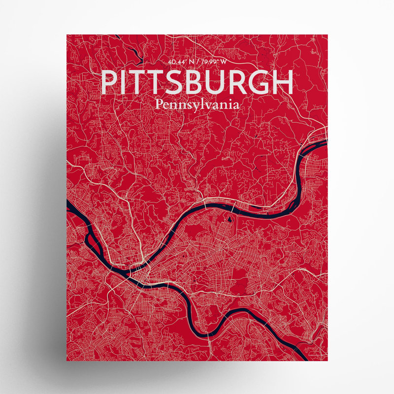Pittsburgh City Map, impression, Rouge / Bleu marine, H 20 po x l 16 po