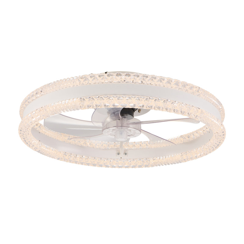 20 Inch Modern Crystal Ceiling Fan with Light and Remote, Recessed Design, White