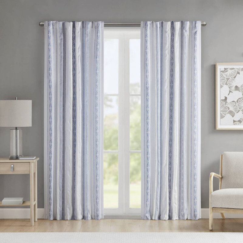 Poly Printed Curtain Panel with Tufted Stripe and Lining White/Navy 50x95", 1" W x 95" L, White/Navy