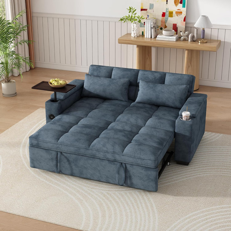68-Inch Tufted Sleeper Sofa With Rotating Side Table, Cup Holders & USB Ports, Blue