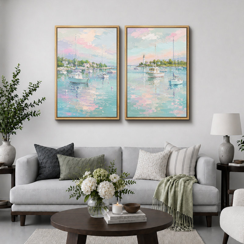 "Pastel Harbor voilier", images de salon, impression sur toile encadrée, 2 pièces, 24" H x 32" W x 1.5" D, Natural Frame