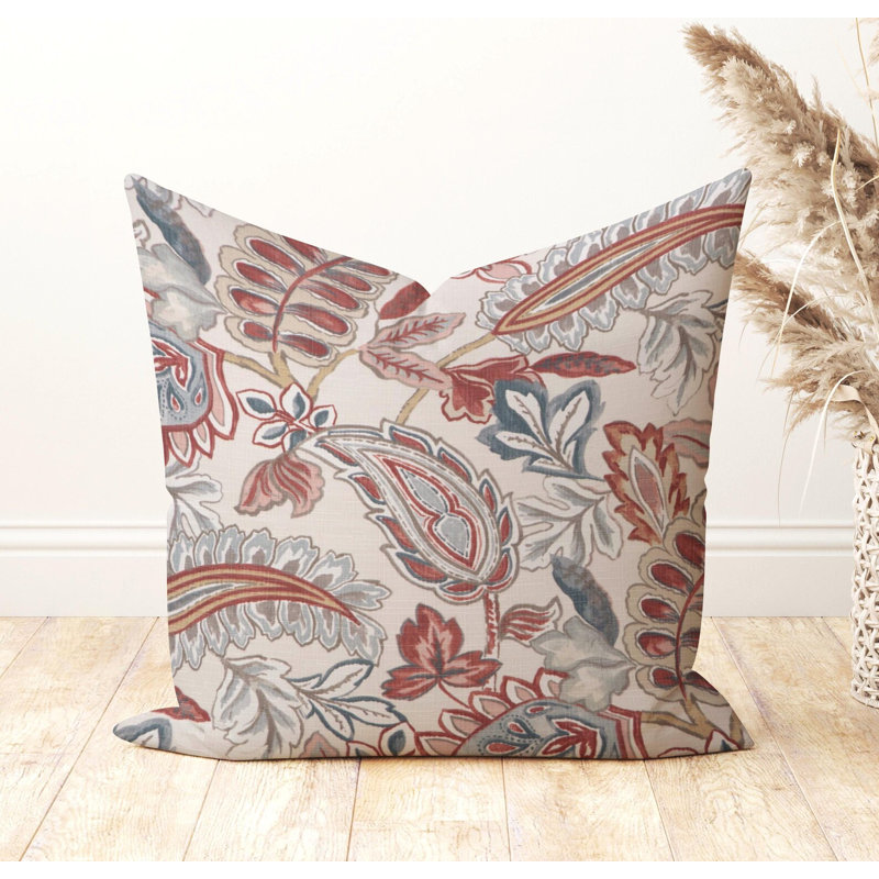 Housse de coussin d'extérieur rouge et bleu à motif cachemire, Carré 15 po