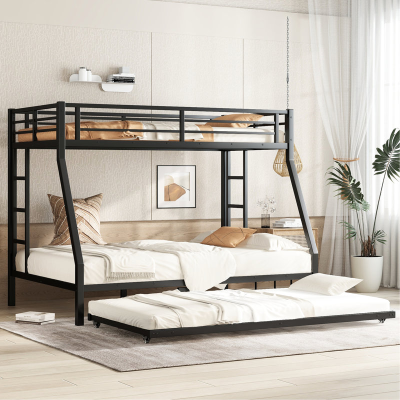 Lit simple superposé au-dessus d'un lit double noir avec lit gigogne - Structure solide et stable, sommeil silencieux, espace sous le lit, protection de la barrière de sécurité, installation simple au bas renforcé, pratique