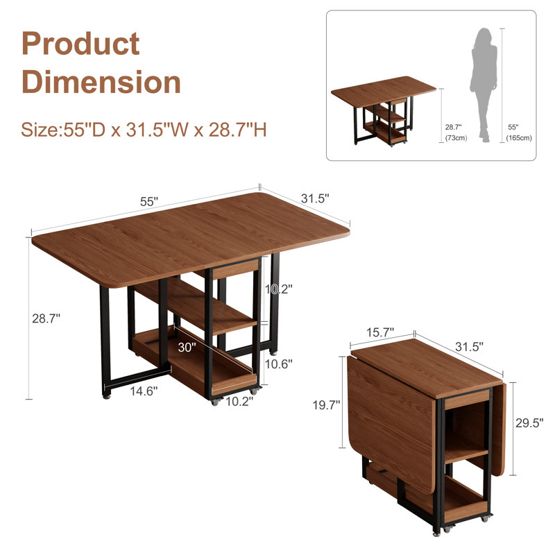 Foldable Dining Table with Storage Shelves, Space Saving Drop Leaf Table with Metal Frame for Kitchen and Small Spaces, Brown