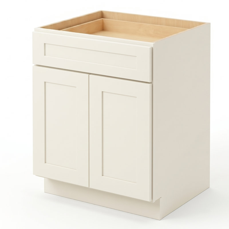 Armoire de base 27 po blanc doux prête à assembler avec portes en bois massif et tiroirs à queue d'aronde