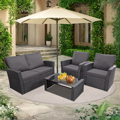 4-Piece PE Wicker Patio Furniture Set With Cushions, Outdoor Conversation Set With Iron Frame & Glass Coffee Table For Deck, Balcony