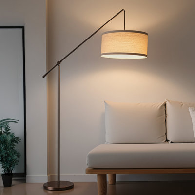 Lampe sur pied moderne 70 po Hudson avec hauteur réglable, finition bronze brossé et abat-jour tambour en tissu beige, ampoule incluse
