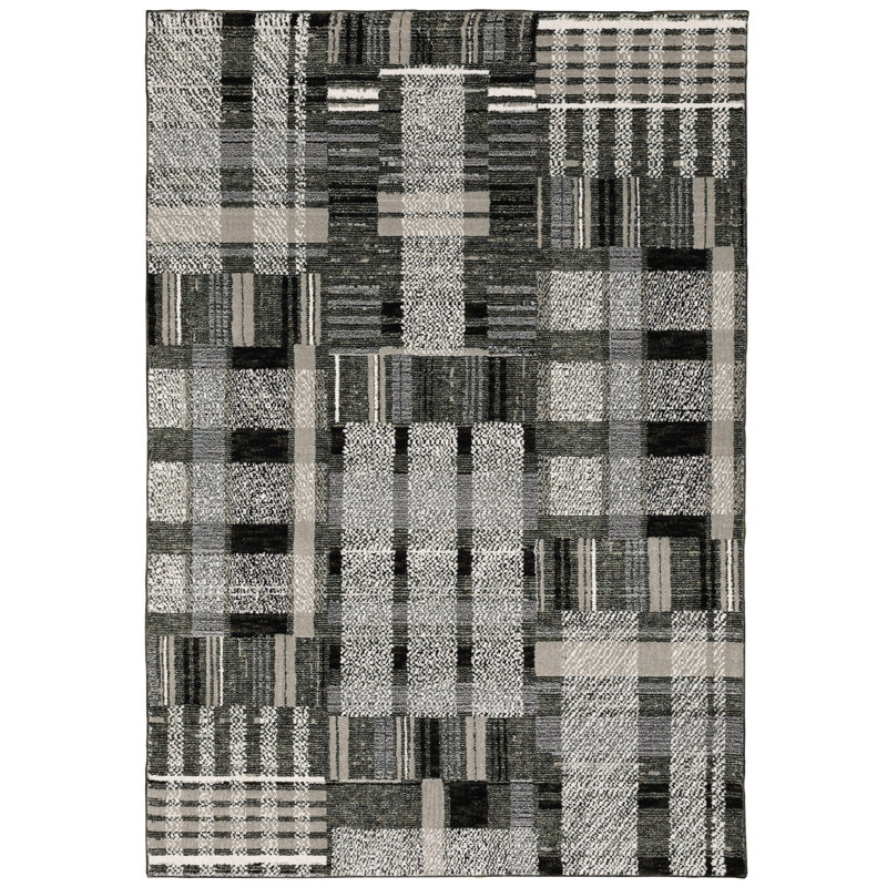 Tapis noir / ivoire à motif géométrique Torge, Forme rectangulaire 1 pi 10 po x 3 pi 2 po