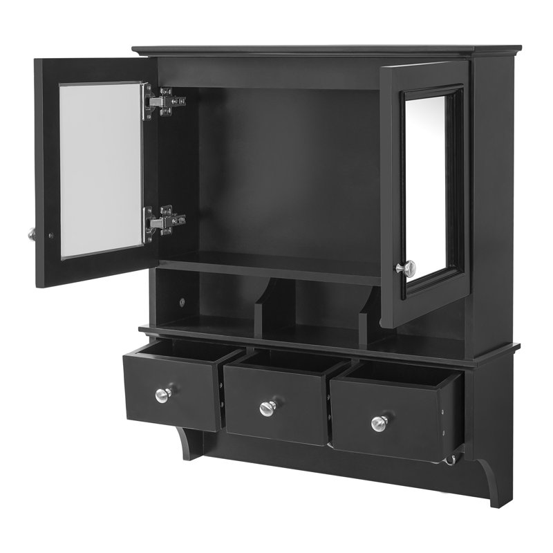 Wall Mounted Medicine Cabinet With 3 Drawers, Hooks, And Mirrors For Bathroom Storage, 24-Inch, Modern Style, Painted Solid Wood 41 Storage High-Define Vanity, , Black Finish