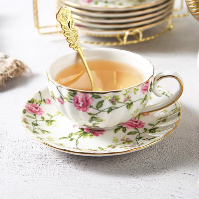 Porcelain Tea Cups And Saucers Set Of 1,Coffee Cup,Fine Bone China,Floral,Vintage,Flower Pattern,With Gold Trim,Spoon,Handle,Antiqued Ceramic,Espresso ,For Women Gift Boxes,Tea Party