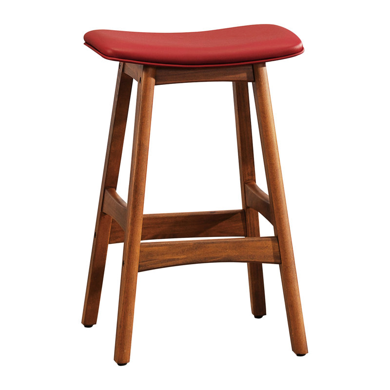 Deux sièges de comptoir Mid-Century modernes en bois massif, finition noyer et revêtement en similicuir rouge pour le style cuisine avec siège