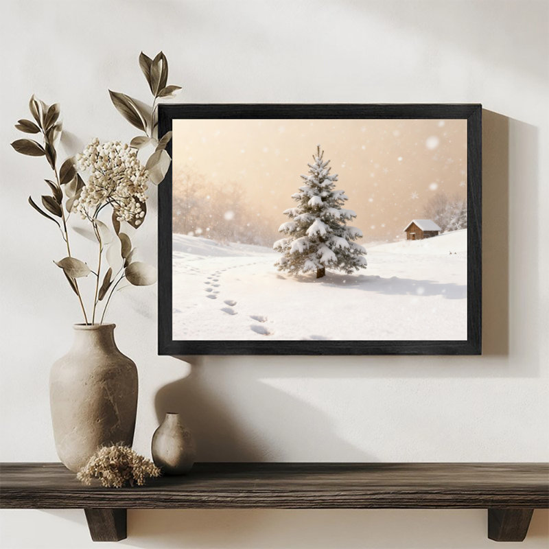 Arbre de Noël noir encadré noir scène de neige, art mural, impressions de style rétro, H 9 po x l 11 po