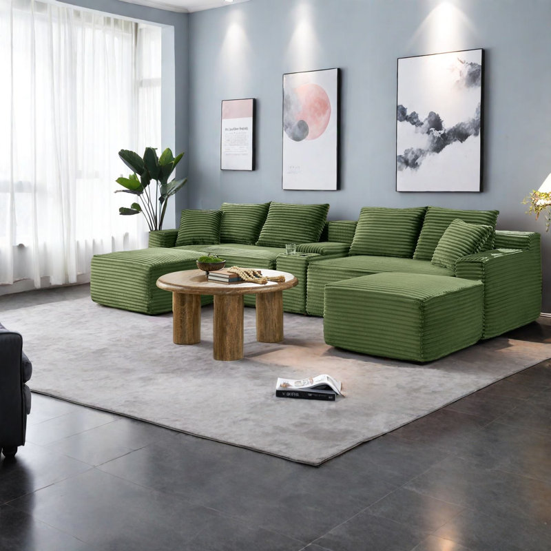 Modern Green Sectionals, Corduroy Modular Sofa With Usb, No Assembly