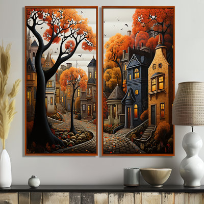 Cozy village in Autumn Moonlit III - Art mural sur toile industriel brun