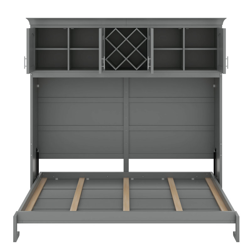 Grand lit escamotable mural avec armoires supérieures et support à vin, cadre de lit escamotable polyvalent, Gris