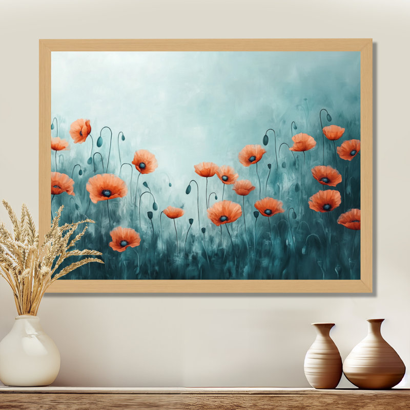 Coquelicots des prés sarcelle II - Tableau encadré, H 12 po x l 20 po, Natural Picture Framed
