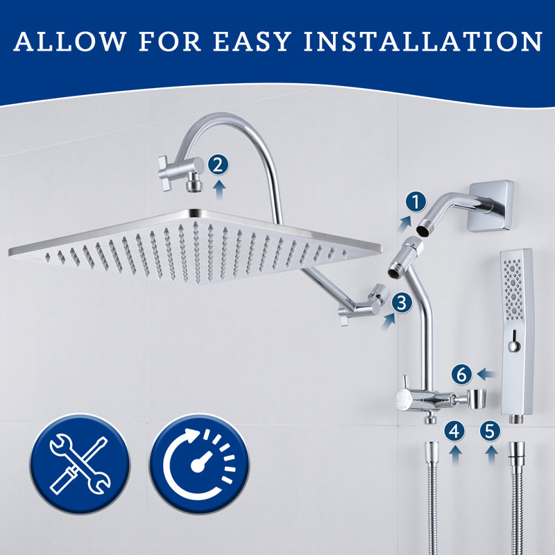 Pomme de douche 12 "tout en métal avec douchette multi-fonctions, Chrome chrome