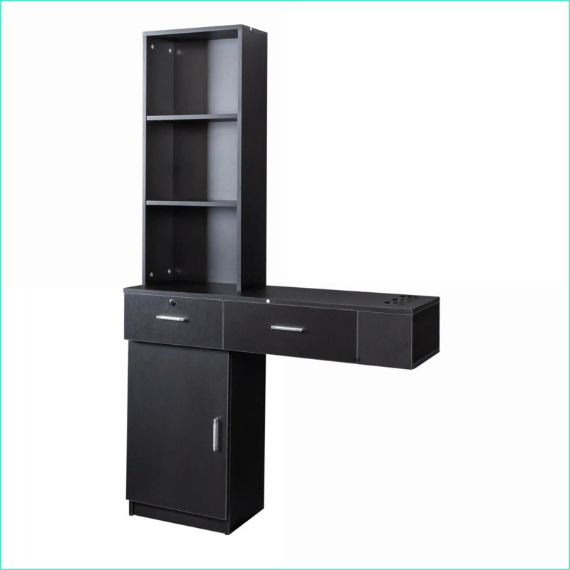 Hair Styling Station, Modern Black Multi-Layer Storage with Drawers, Cabinet &amp; Dryer Holes | Black | MDF, Black