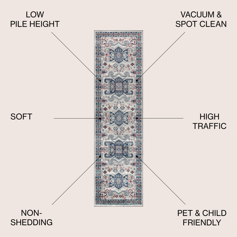 Tapis bleu / gris clair Blough, Tapis de couloir 2 pi 3 po x 8 pi