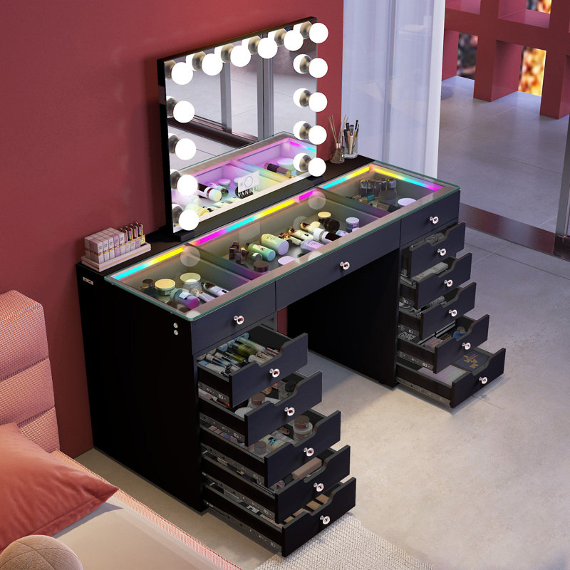 Makeup Vanity Set with LED Lighted Mirror HD Glass Top Built-in RGB Light Strips Large 13 Drawers, Black