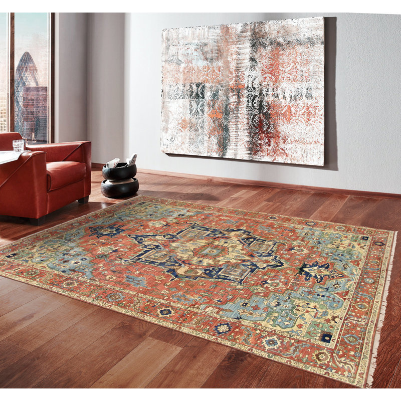 Serapi Hand-Knotted Wool Oriental Area Rug in Rust/Blue, Rectangle 4' x 6'