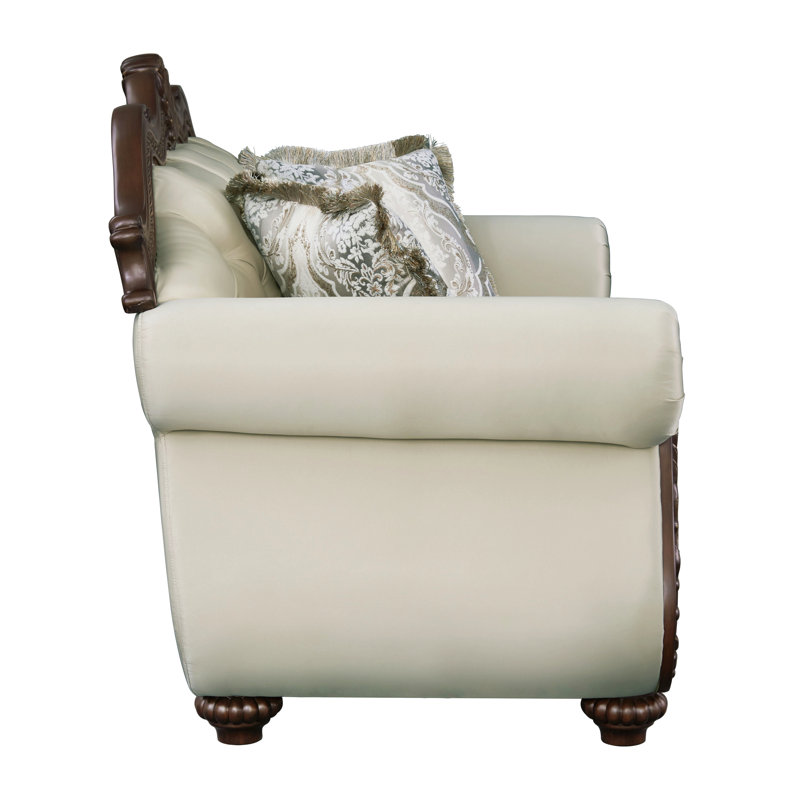 Causeuse en tissu beige et cerisier avec 3 coussins