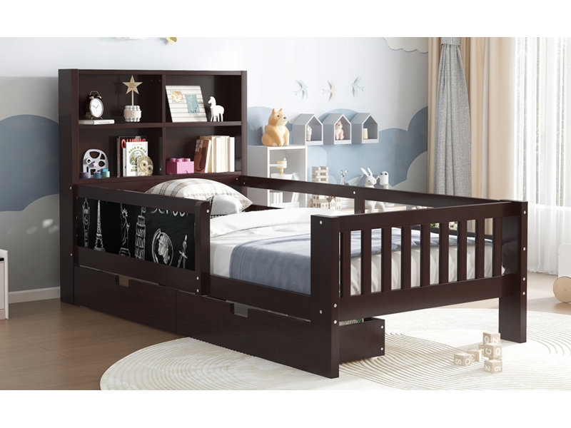 Lit plateforme simple avec tableau noir, lit plateforme en bois massif avec tiroirs et tablettes de rangement, conception amusante et peu encombrante, espresso