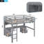 Lit mezzanine pleine grandeur gris avec bureau, tiroir et rangement-861488081
