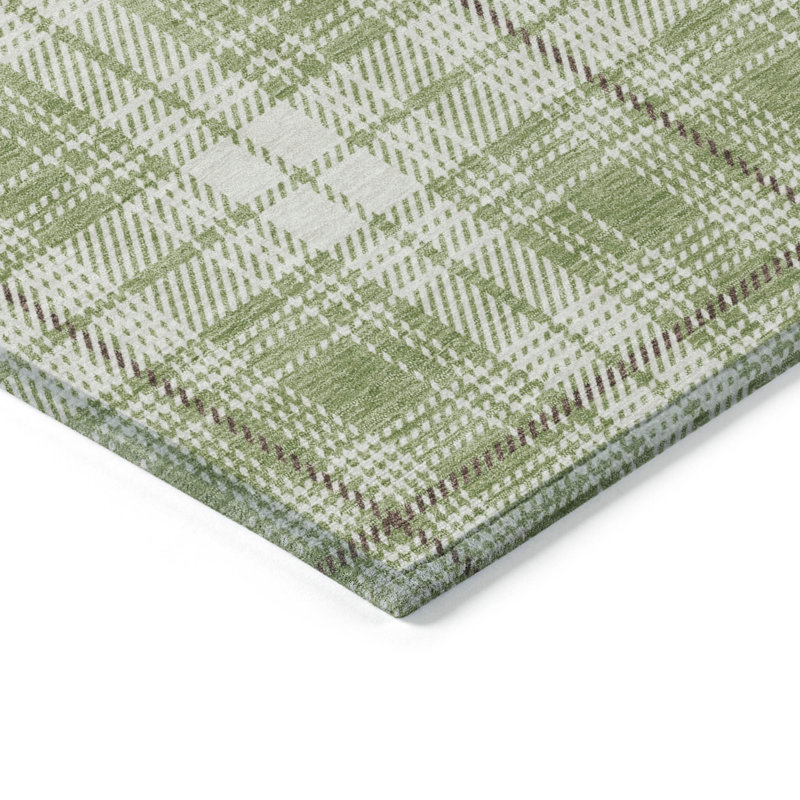 Aloe Green and White Plaid Washable Rectangular Rug