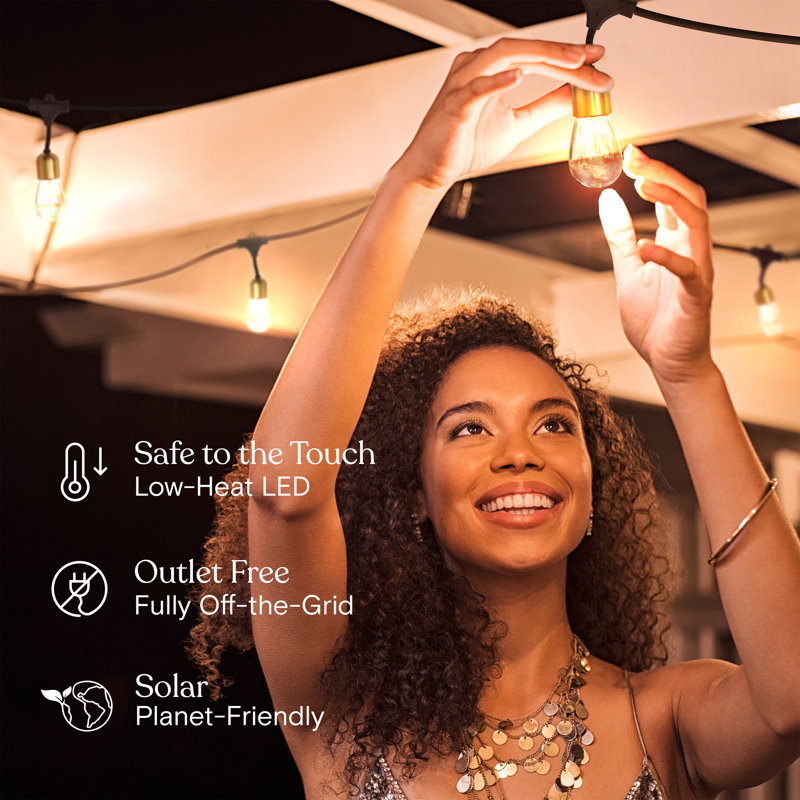 Solar Powered Brass LED Outdoor String Lights with Clear Bulbs