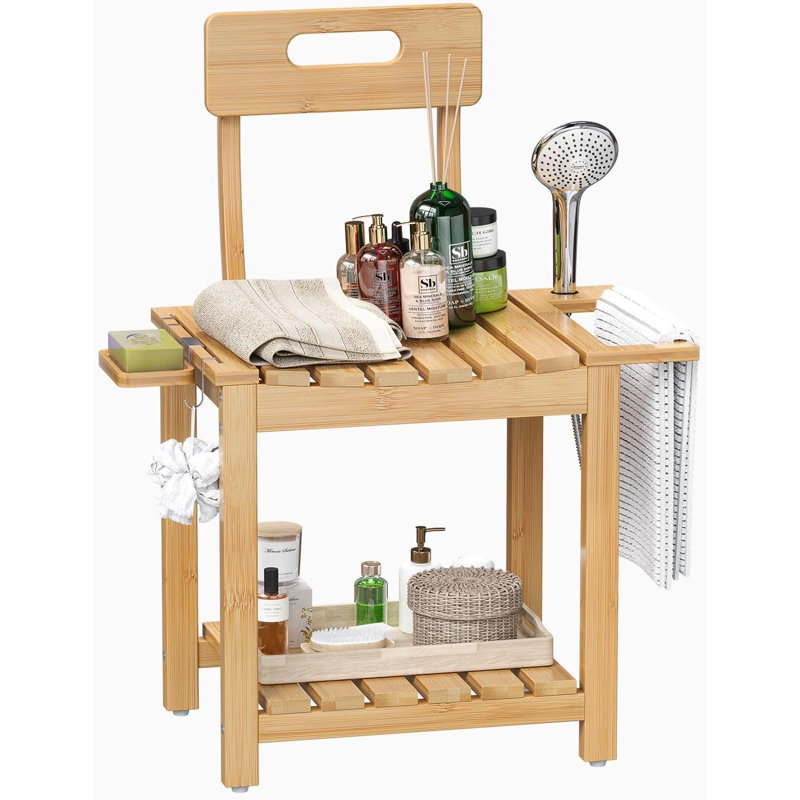 Chaise de douche à 2 niveaux avec siège de bain en bambou, bambou naturel