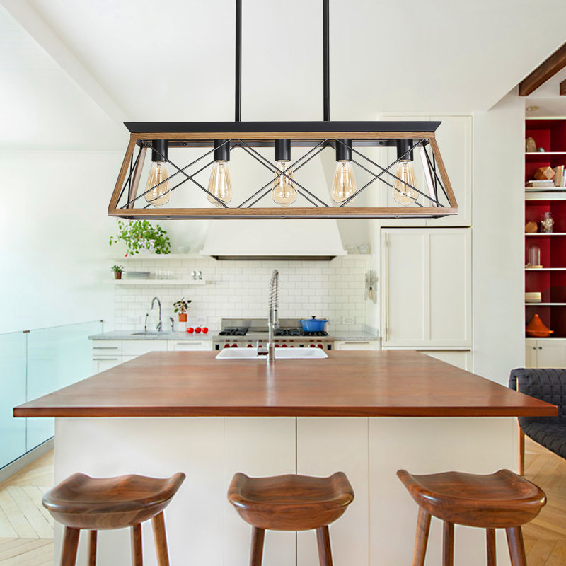 Luminaire de plafond en noyer avec 5 lumières réglables en hauteur pour 5 pièces
