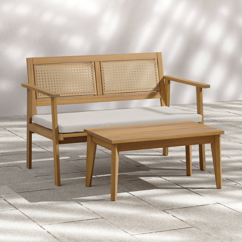 Canapé deux places Arbora avec table basse (partie 1 sur 2) - Mobilier d'extérieur en bois avec dossier tressé à double corde et assise profonde