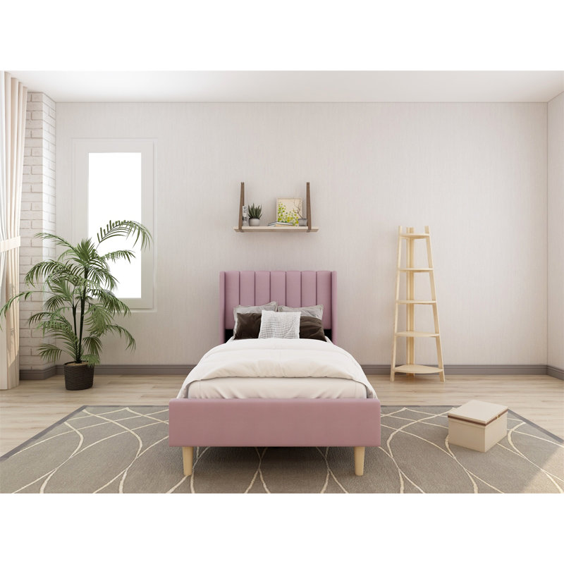 Lit plateforme tapissier avec tête de lit à oreilles Eriksay, Velours rose pâle, Simple