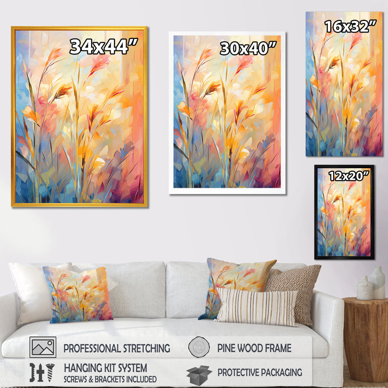 Jaune et rose Meadows Breeze II - prairie, art mural, H 32 po x l 24 po x P 1 po, Cadre simple argenté